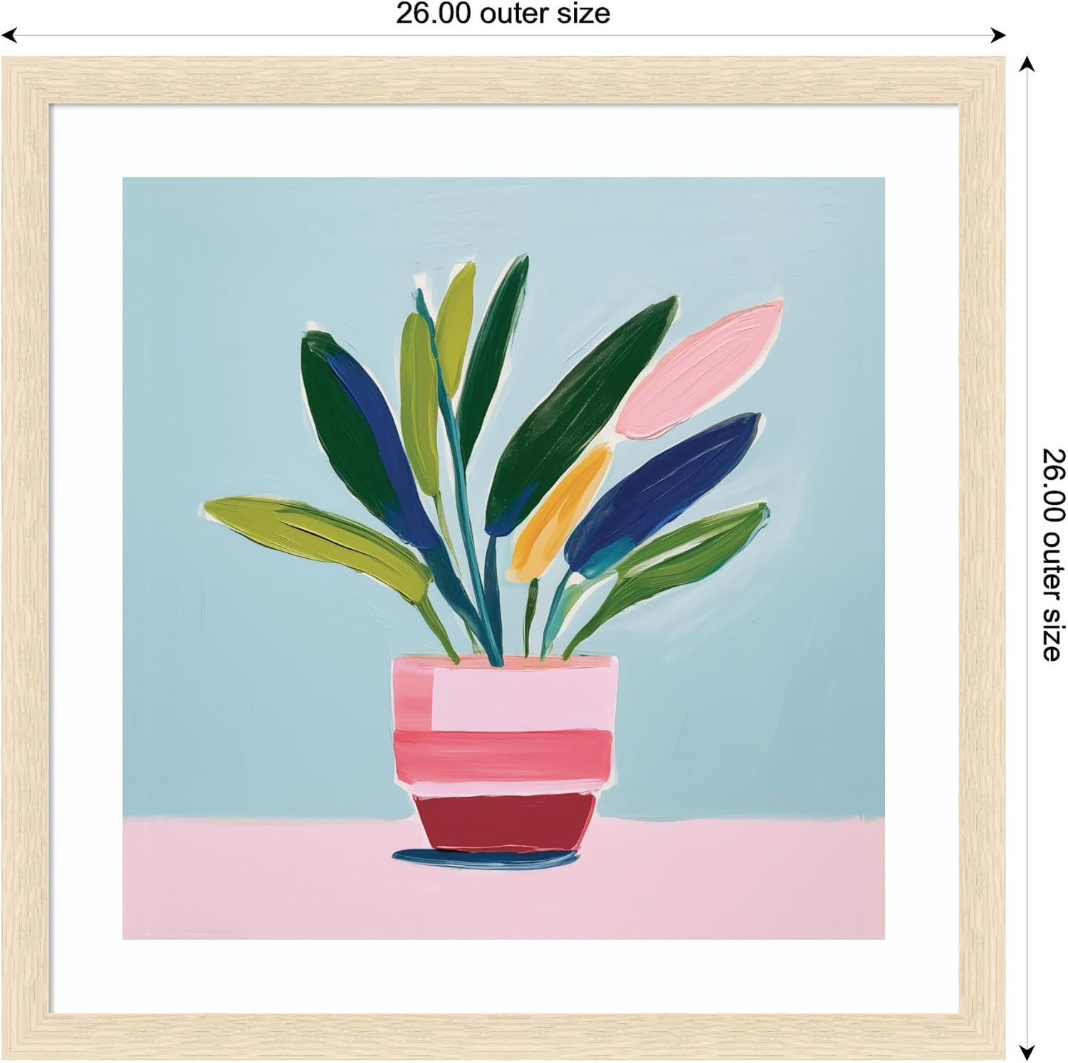 Kate and Laurel Art Playful Potted Plant Still Life by The Creative Bunch Studio Framed Wall Art Print (26 in. W x 26 in. H), Woodgrain Stripe Blonde Frame
