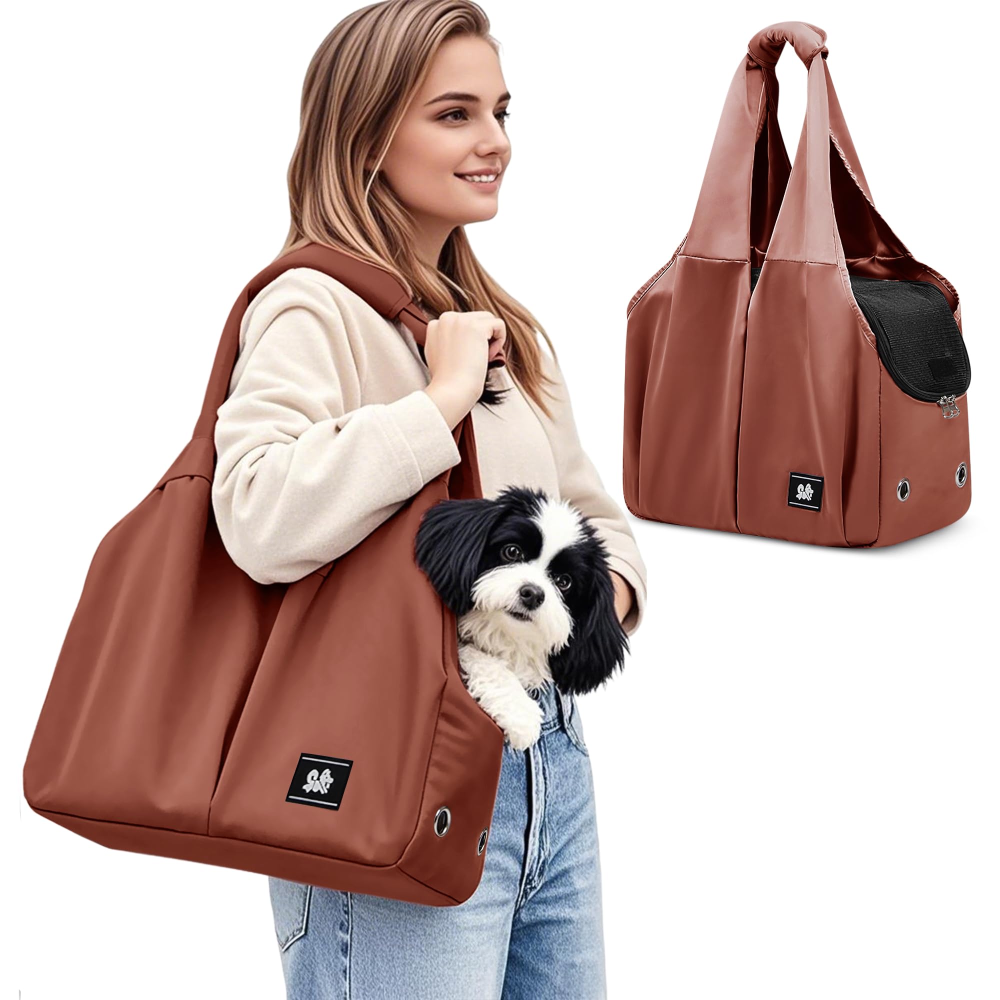 ALLSOPETS Bolso para Perros Pequeños, Transportín Portátil con Gancho para Correa, Mochila para Perros y Gatos Transpirable y Cómoda, Ideal para Viajar y Camping (Marrón Caramelo)