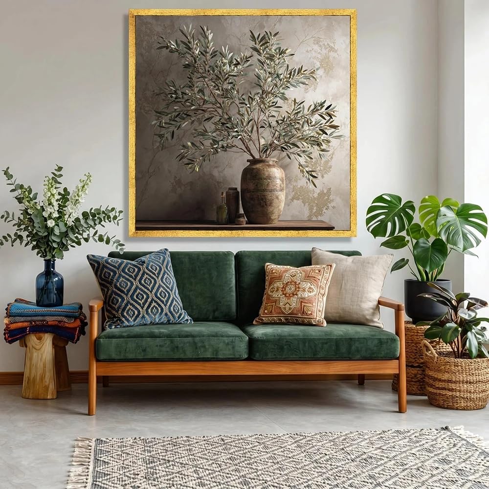 Gosrd Frameless Canvas Prints Rustic Olive Branches In Vintage Vase Wall Art, Botanical Decor Nature-Inspired Home(80X80cm)