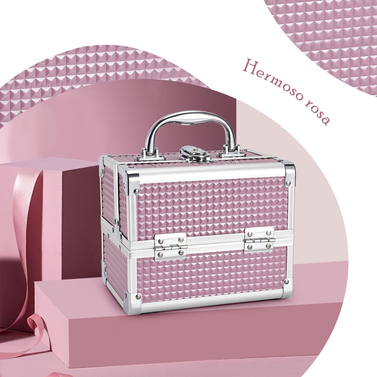 Maletín Maquillaje Rosa Estuche Maquillaje Caja Maquillaje Cosméticos Vacío Profesional con Espejo y Cerradura 19.5x15x16cm Regalos para Mujeres,Rosa
