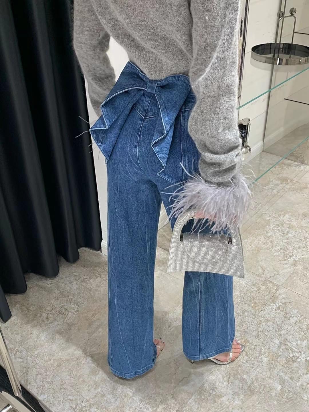 Y2k Bow Denim Wide - Leg Jeans for Women Vintage Streetwear Y2K Bow High-Waist Denim Pants