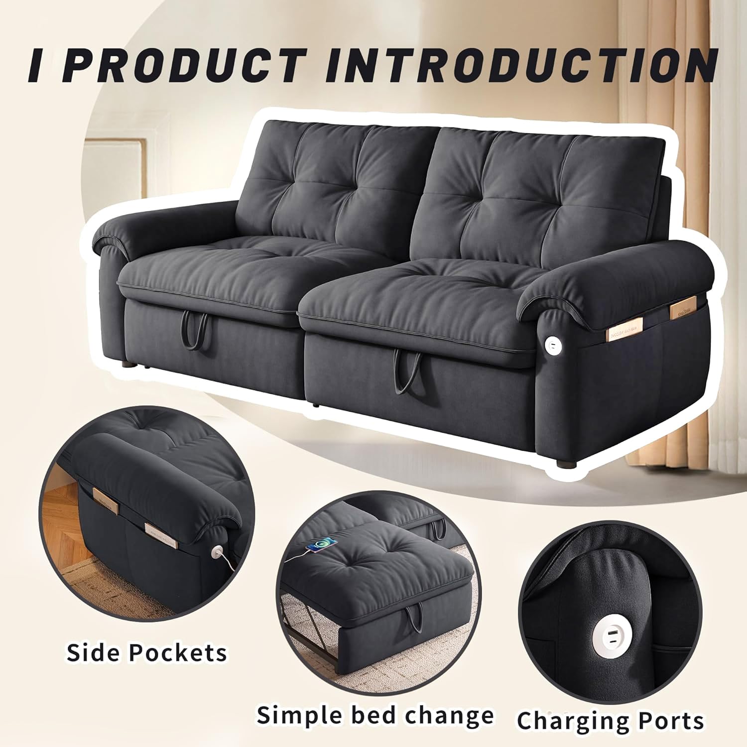 77" Queen Size Sofa Bed, 3-in-1 Convertible Sleeper Sofa Bed with Adjustable Backrest, Modern Velvet Couch with Side Pocket and USB Ports, for Living Rooms, Bedrooms, Small Spaces (Grey, 77.2inch)
