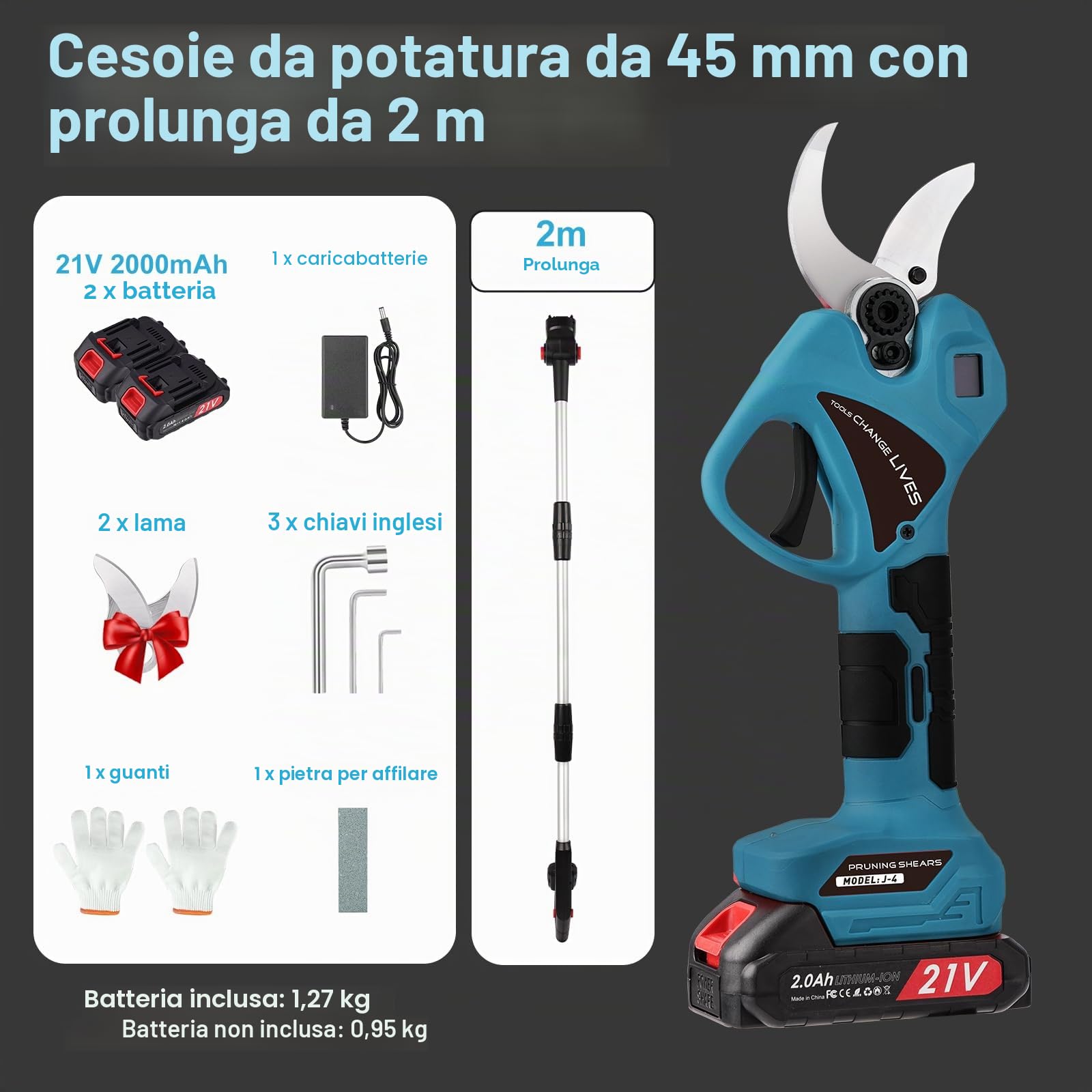Forbici Potatura a Batteria 40mm 2x21V Batterie 2.0Ah, Telescopica 244cm Cesoie Elettriche Professionali per Giardino e Frutteto, con Display LCD per Frutteto Giardino Parco Fattoria