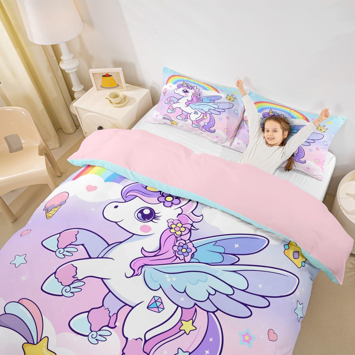 Cute Unicorn Duvet Cover Super King Size Unicorn Glitter Bedding Set for Kids Boys Girls Decor Cute Animal Comforter Cover Breathable Soft Lightweight Microfiber Fairy Bedroom Decor Bedclothes