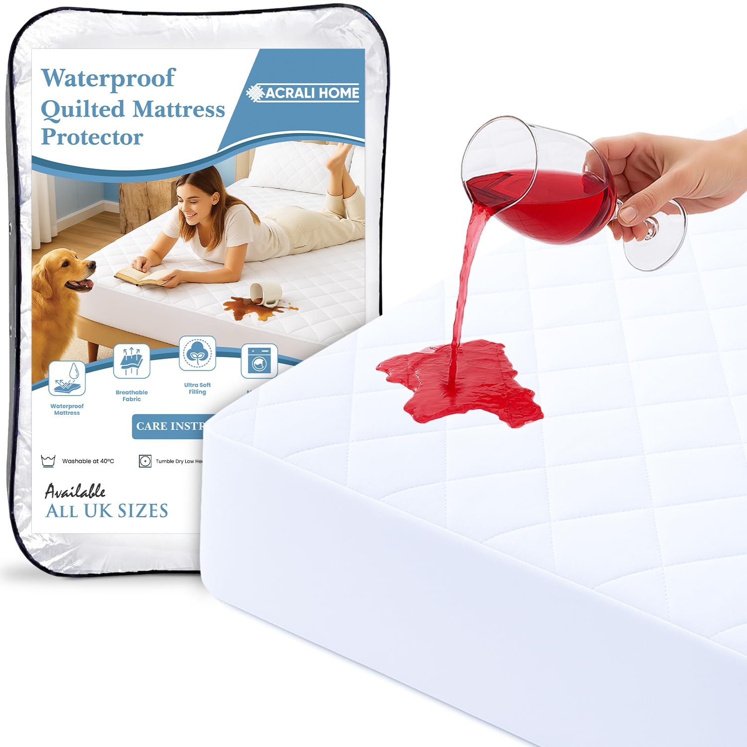 Acrali Home Quilted Waterproof Mattress Protector Double Bed, 4-Layer Super Absorbent Desi...