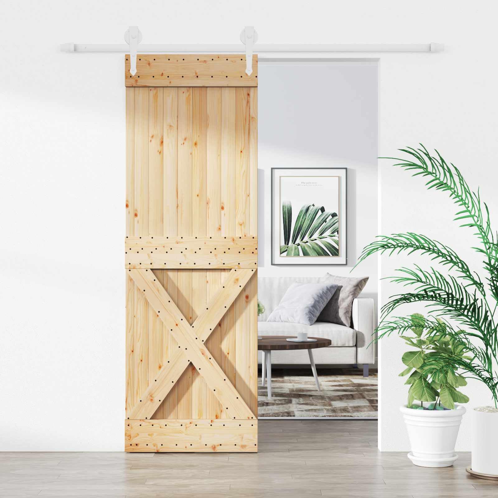 Puerta corredera 70 x 210 cm de madera de pino y blanco con guía