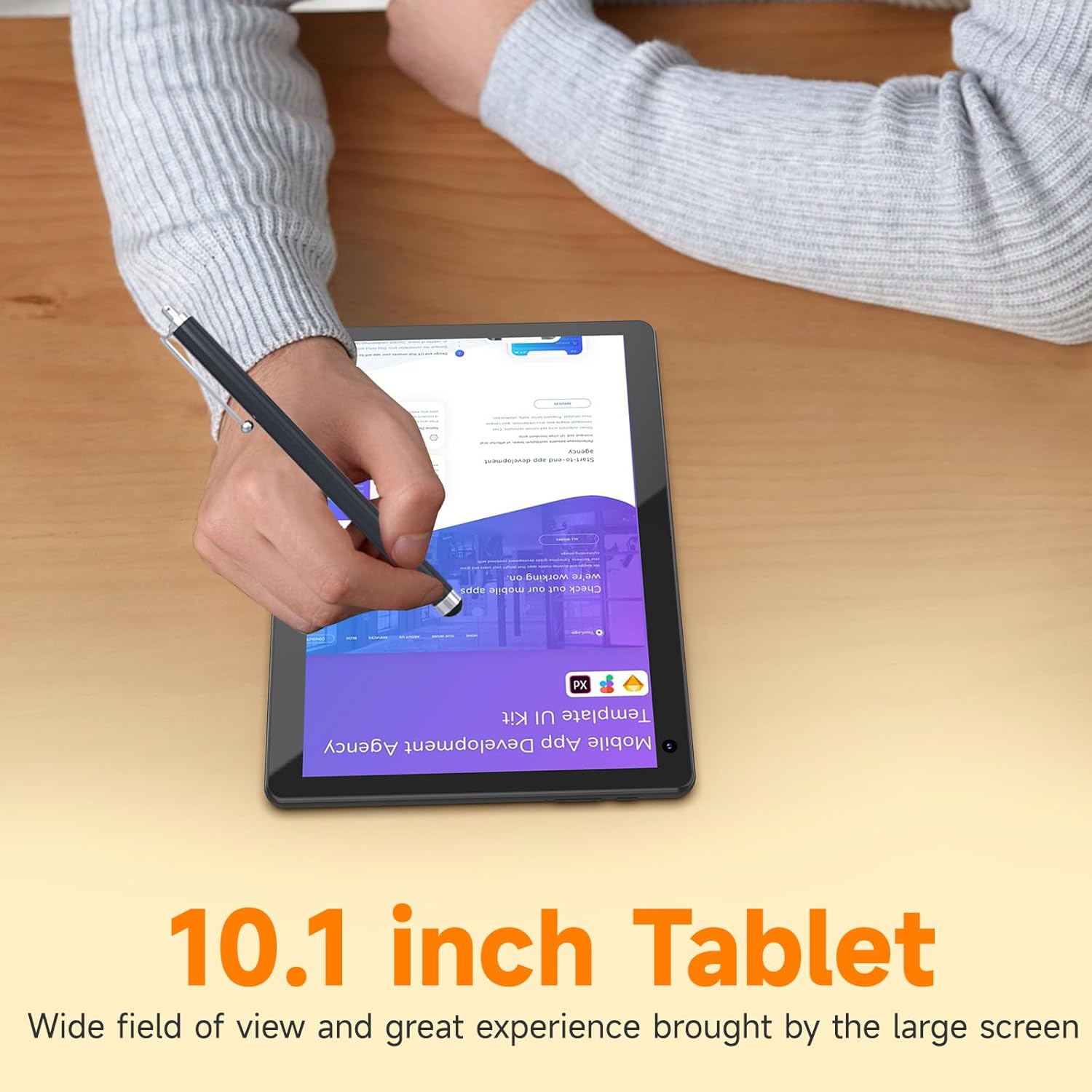 User interacting with the 10.1-inch COOPERS tablet using a stylus.