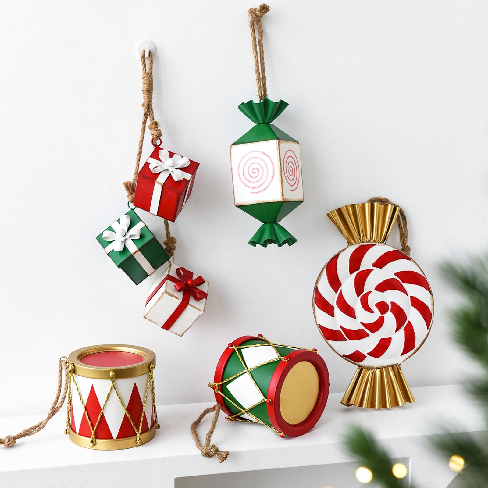 Décoration de Noël en métal à suspendre pour sapin de Noël, boîte cadeau, boîte cadeau, bonbons, fête de vacances, décoration murale, fenêtre, ensemble de présentations rouges, vertes, blanches