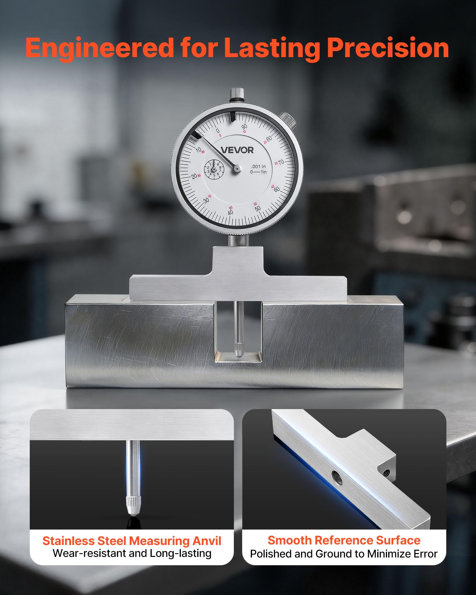 VEVOR Micromètre de Profondeur 0-22 pouces Jauge de Profondeur Résolution de 0,001 pouce Outil de Mesure Mécanique de Précision 0,001 pouce pour Rainures, Décalages, Trous, avec 4 Enclumes, 6 Tiges