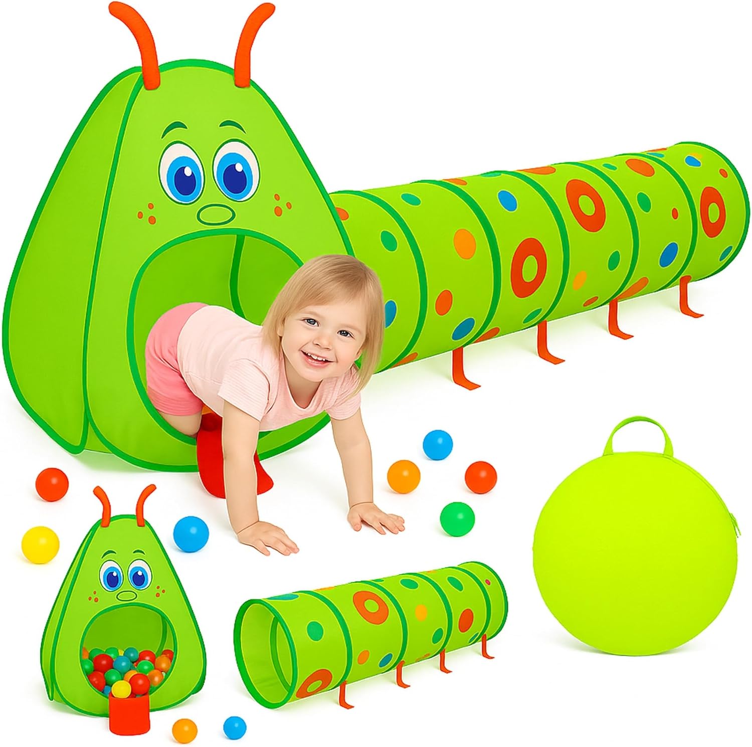 Kiddey Caterpillar Pop-Up Play Tunnel & Tent for Toddlers - Indoor/Outdoor Crawl Tunnel Playset, Folds Flat for Easy Storage