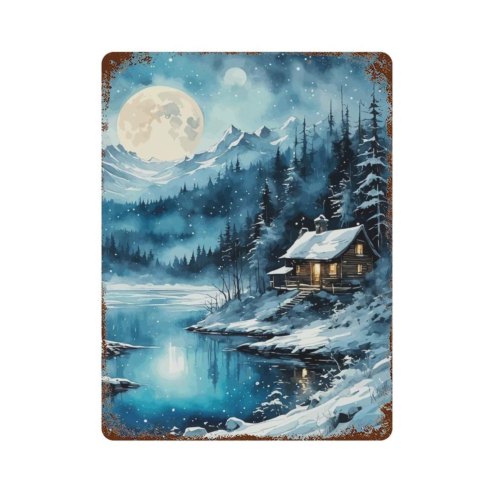 Distressed Metal Wall Sign Snowy Evening 15.7"x11.8", Vintage Wall Decor for Garage, Bar And Workshop Decor