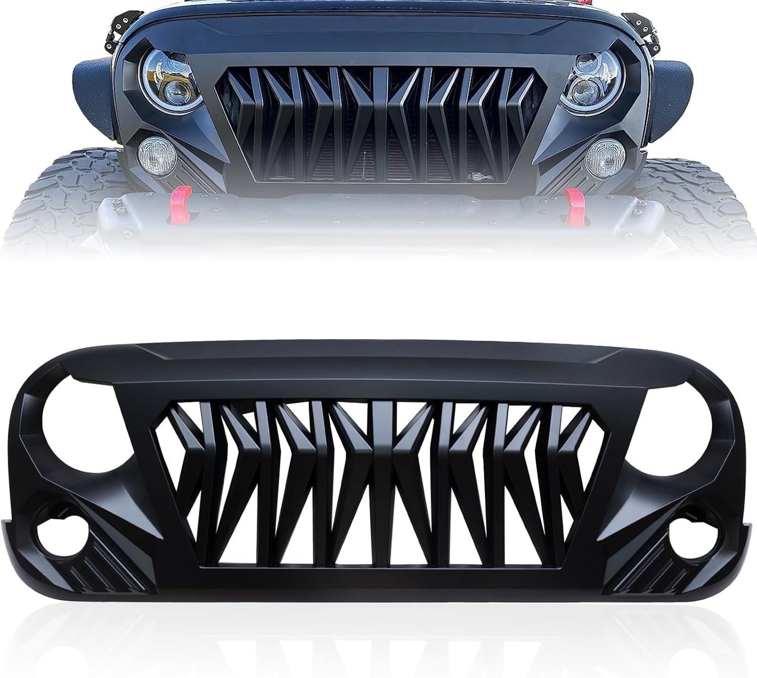 CarPartsDepot Front Shark Grille Compatible With Jeep Wrangler 2007-2018 JK JKU Rubicon Sahara Sport Unlimited Matte Black Angry Bird Grill