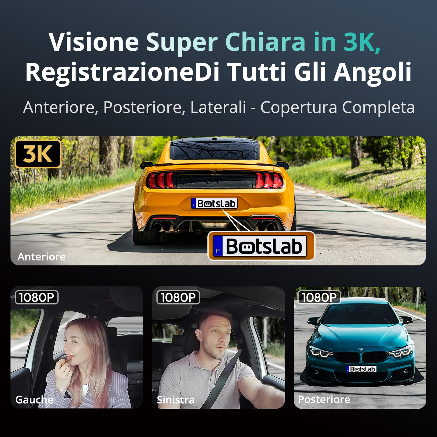 BOTSLAB 3K 4 Canali Dash Cam, Telecamera Anteriore 3K/4K e Telecamera per Auto 1080p*3 Sinistra Destra Interna, Dash Cam a 560° per Auto, 5,8GHz WiFi,GPS, Controllo Vocale, Scheda SD da 128 GB Inclusa
