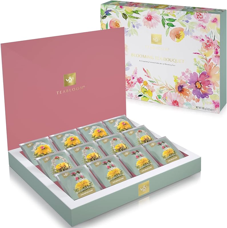 Teabloom Scrigno del Tè Fiorito – Collezione Curata di 12 Tè Gourmet in Fiore – Elegante Confezione Regalo Pronta da Donare
