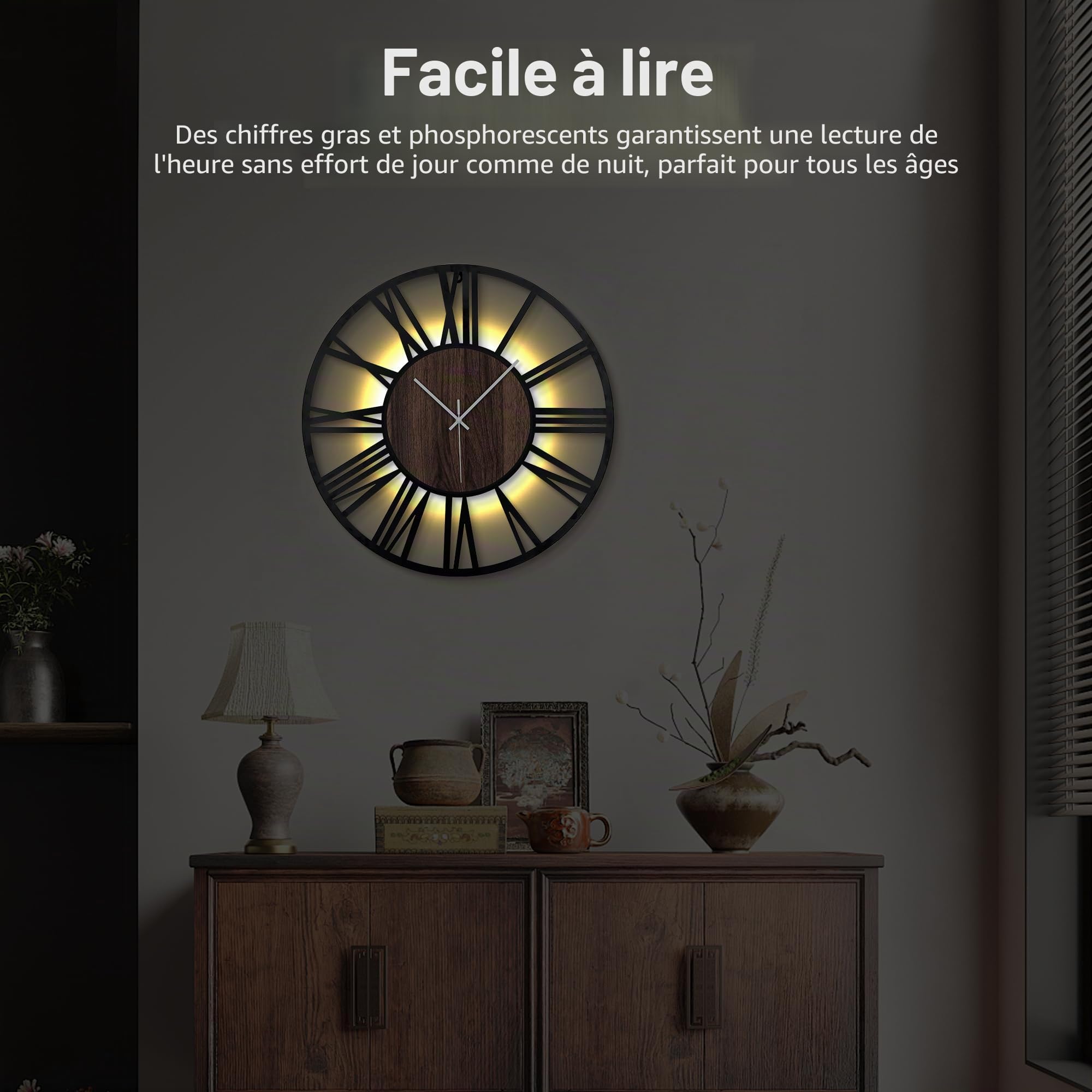 Horloge Murale Silencieuse à Piles – 50 cm, avec Lumière Nocturne Automatique, sans Tic-Tac, Horloge Murale Design Métal Bois pour Salon Chambre Cuisine Bureau