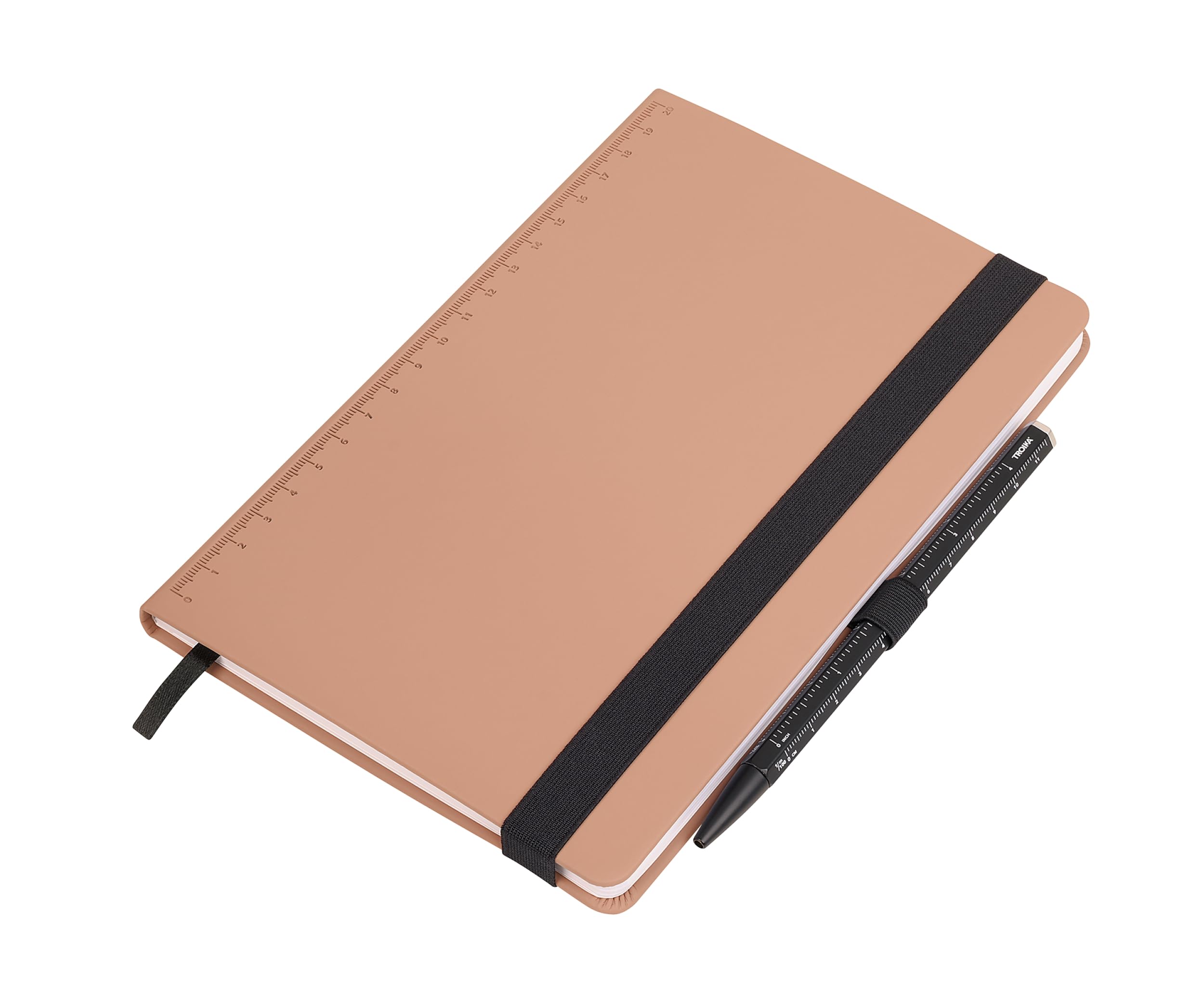 TROIKA Notizblock DIN A5 inkl. Kugelschreiber SLIMPAD A5 MOCHA Notizbuch 64 perforierte Blätter mit Punktraster Stiftschlaufe und Lesezeichen geprägtes Lineal aus Kunstleder und Metall Farbe braun