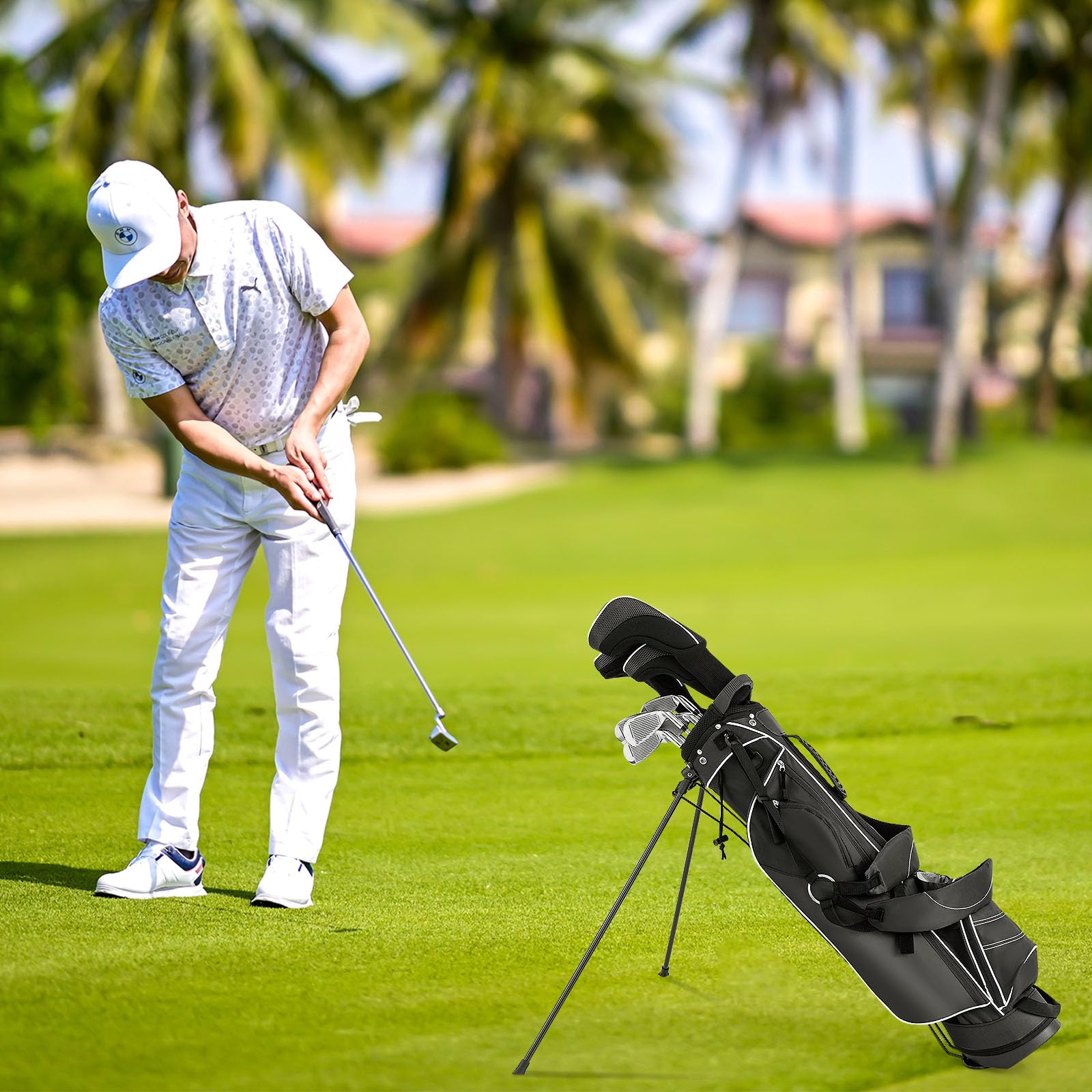 LIFEZEAL Golftasche, Tragbare Golfschlägertasche mit 4-fachen Trennwänden, Golf Stand Bag mit Verstellbarer Schultergurte, Leichte Standtasche für Herren & Frauen, Schwarz