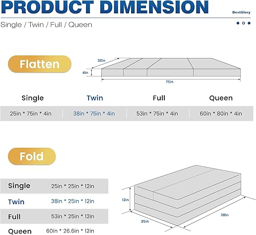 Miniatura 8 de Colchón plegable individual de 4 pulgadas, cubrecolchón de espuma, suave, resistente a la suciedad, cama portátil para campamento, cama de invitados