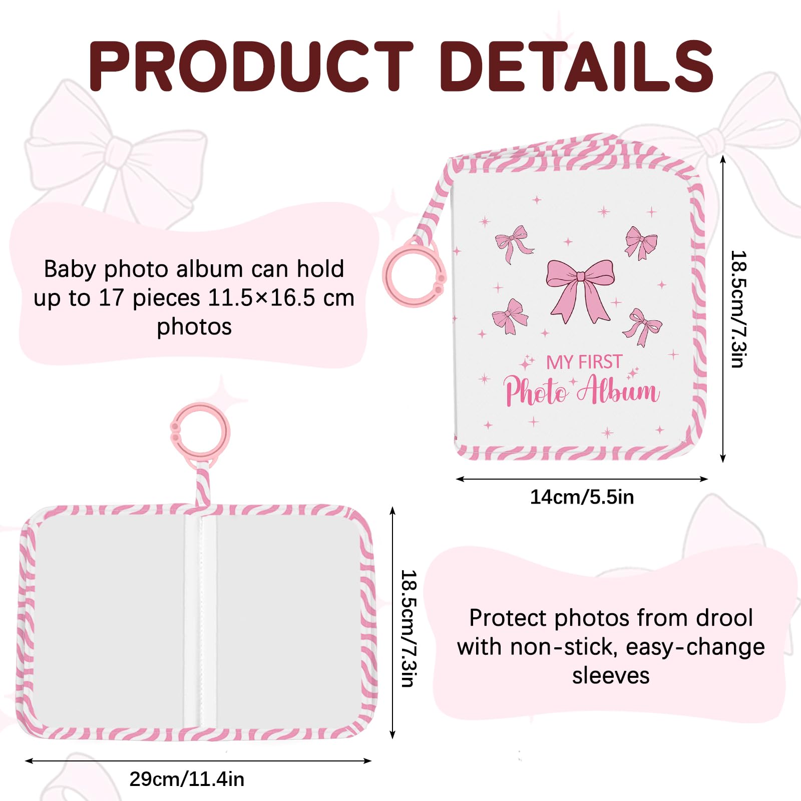 Pink Bow Baby Photo Album Holds 17 6x4 Pictures, Cute Soft Cloth Family Photo Book - Image 2