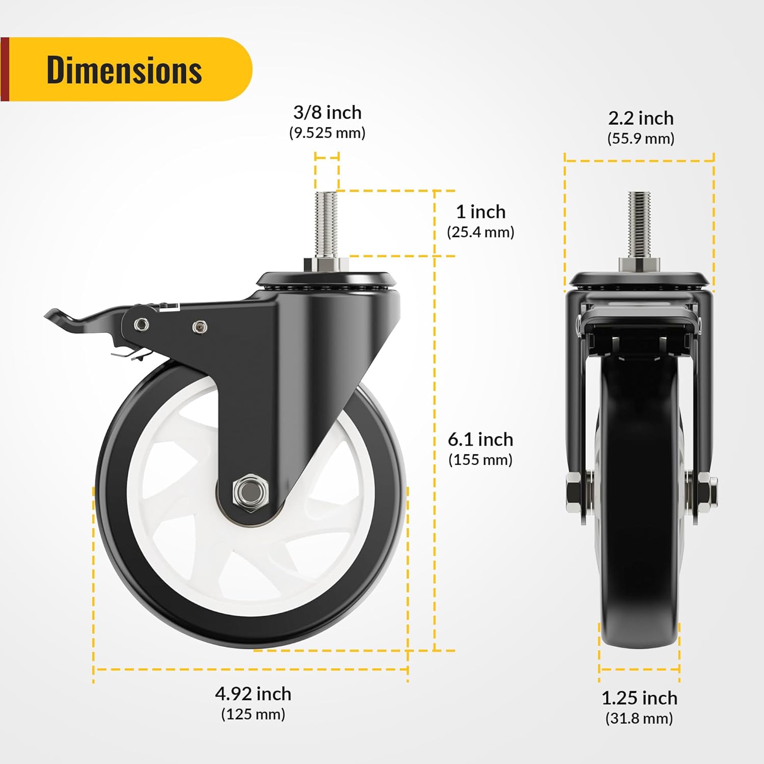 holkie caster wheels 5 inch total locking stem casters, 3/8" -16 x 1 (stem diameter 3/8", stem length 1") threaded stem casters swivel casters set of 4 heavy duty castors black black-with brake-4 pack 5inch