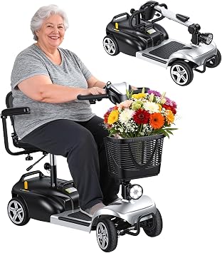 4 Wheels Mobility Scooter for Adults & Seniors, Lightweight Foldable 5 MPH Speed 7.46 Miles Range Electric Powered Travel Scooter with LED Headlights and Basket Grey
