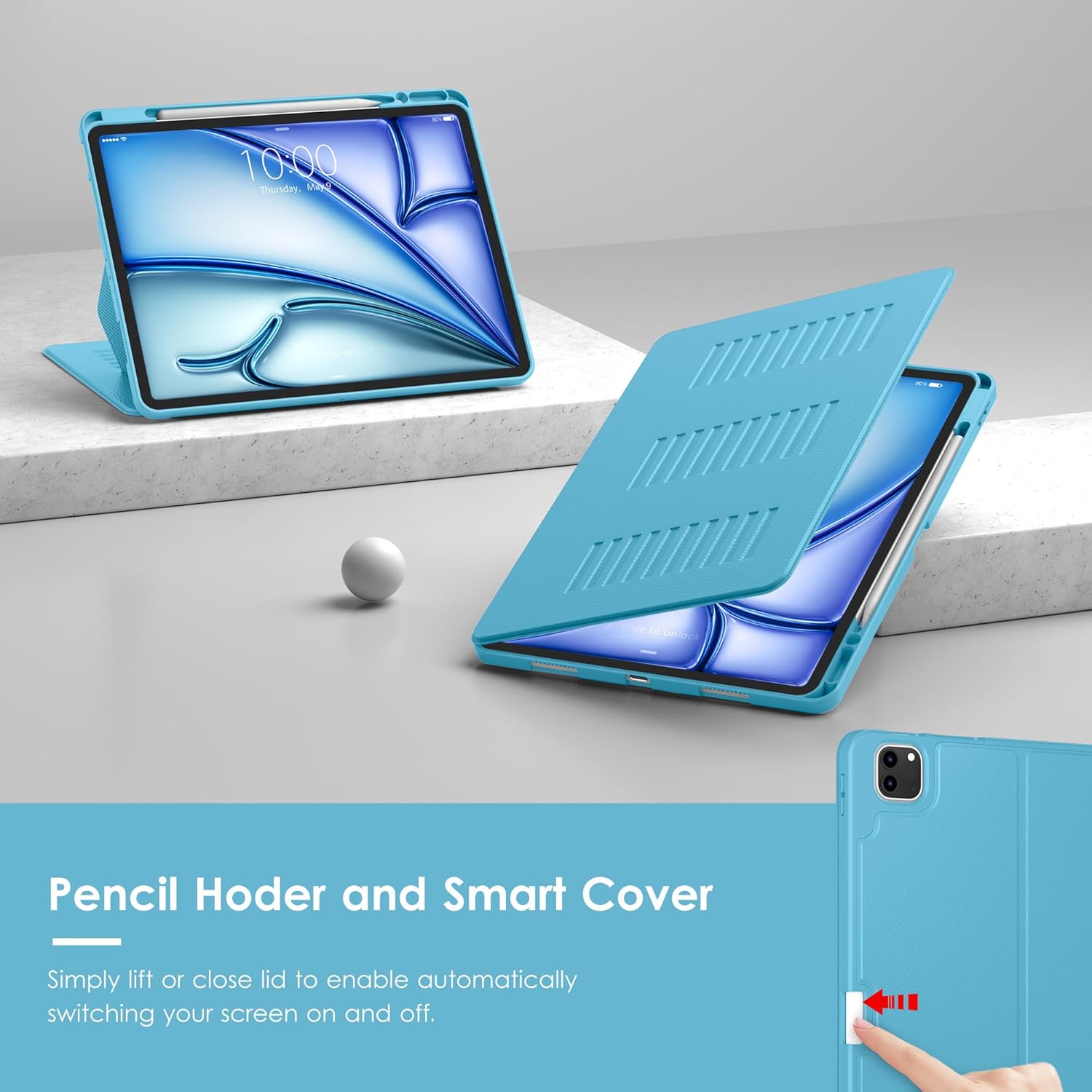 VIKESI Case for iPad Air 13 inch (M4) 2026 / (M3) 2025 / (M2) 2024,Multiple Angles Magnetic Stand Cover,Shockproof Soft Back,Pencil Holder,and Auto Sleep/Wake,Sky Blue