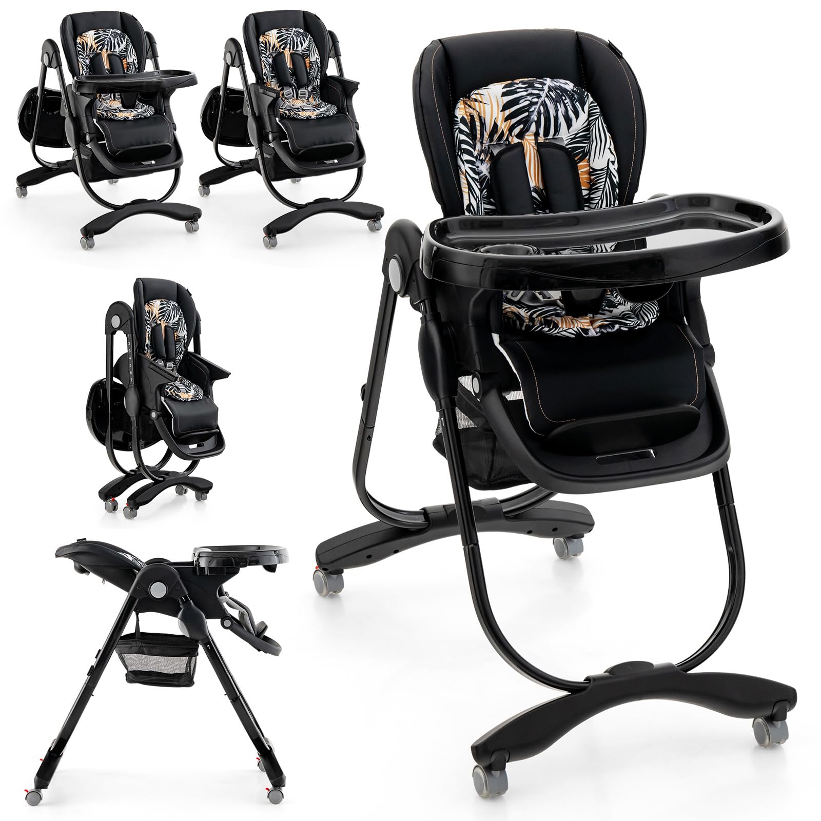 LIFEZEAL Trona Plegable con 7 Posiciones de Ajuste de Altura, Respaldo Reclinable, Trona Evolutiva con Cojín Confort, Doble Bandeja, Articulada, 6-36 meses, Capacidad 15 kg (Negro)
