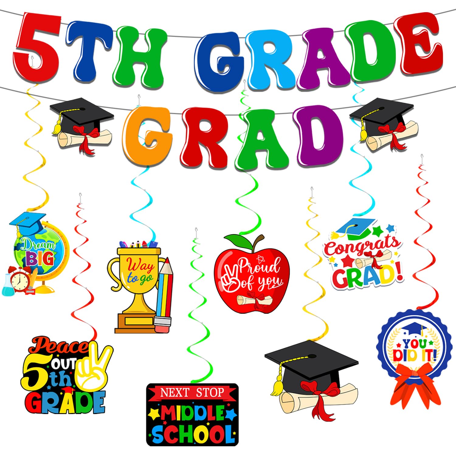 5th Grade Graduation Banner and Hanging Swirls for 5th Grade Elementary School Graduation Party Decorations Supplies