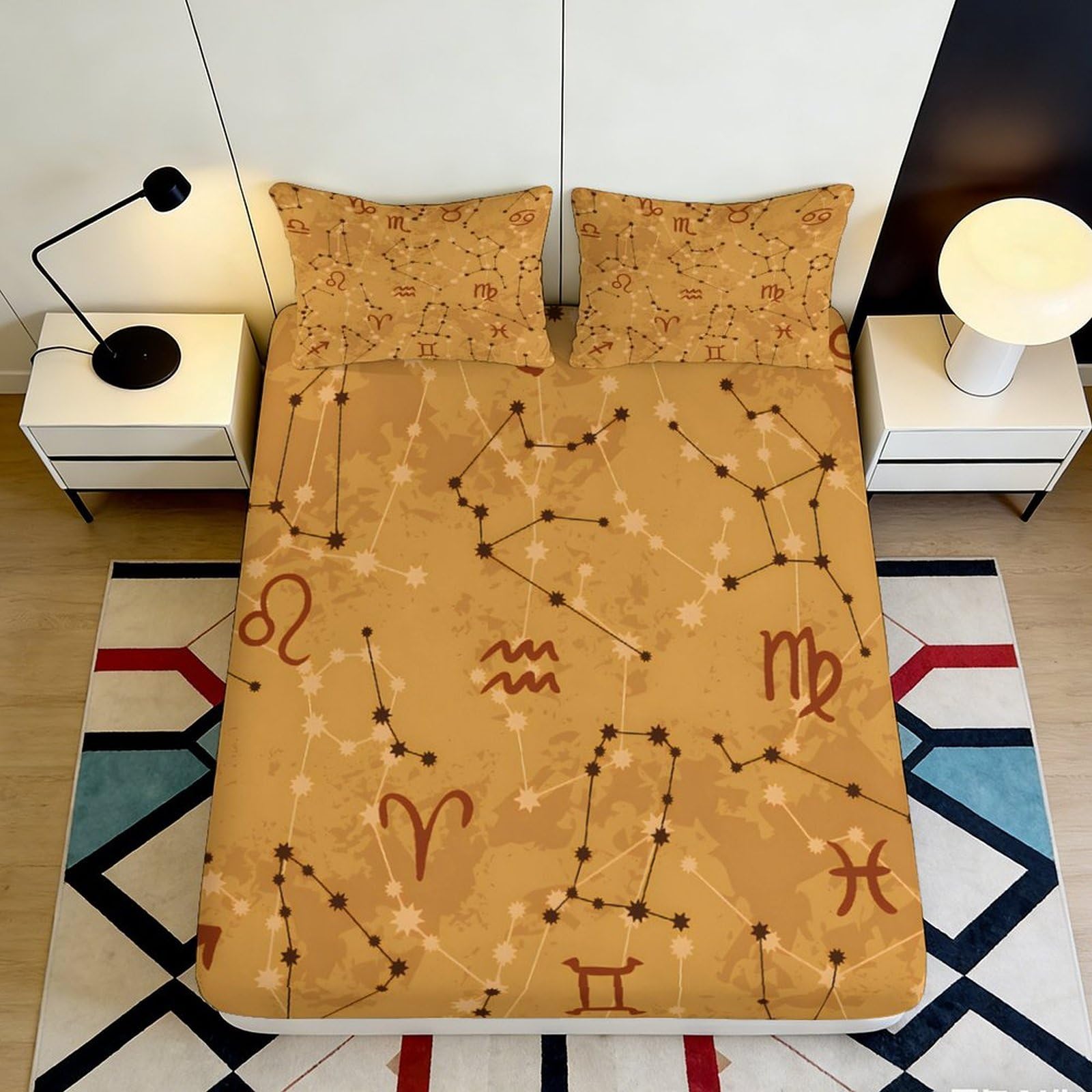 3D Printed Zodiac Constellation Fitted Sheet Microfiber Soft Breathable Astrology Symbols Mattress Cover for Bedroom Dorm Decor 180x200x25cm