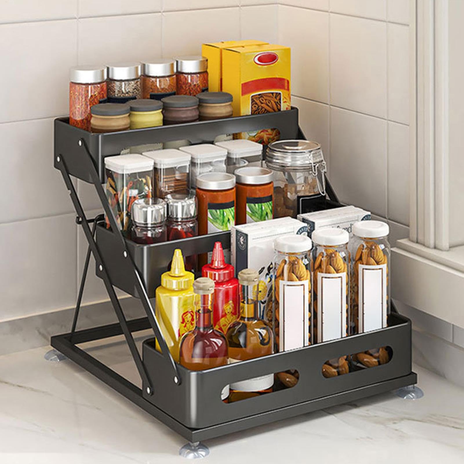 Organizador de condimentos | Organizador de condimentos de capas para despensa, organizadores de condimentos y almacenamiento, suministros de almacenamiento para el hogar para aceite, sal, salsa | Estante ajustable para condimentos, suministros de almacen