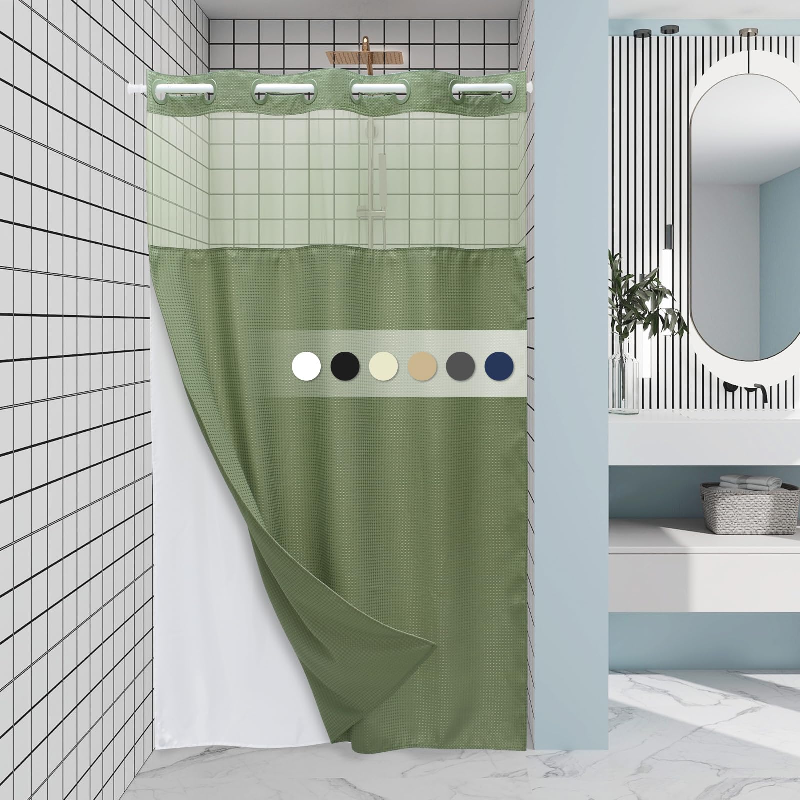 EUTXL Sage Green Stall Hotel Shower Curtain - 230GSM Waffle Textured Heavy Duty Thick Fabric Shower Curtains for Bathroom,54W x 80H