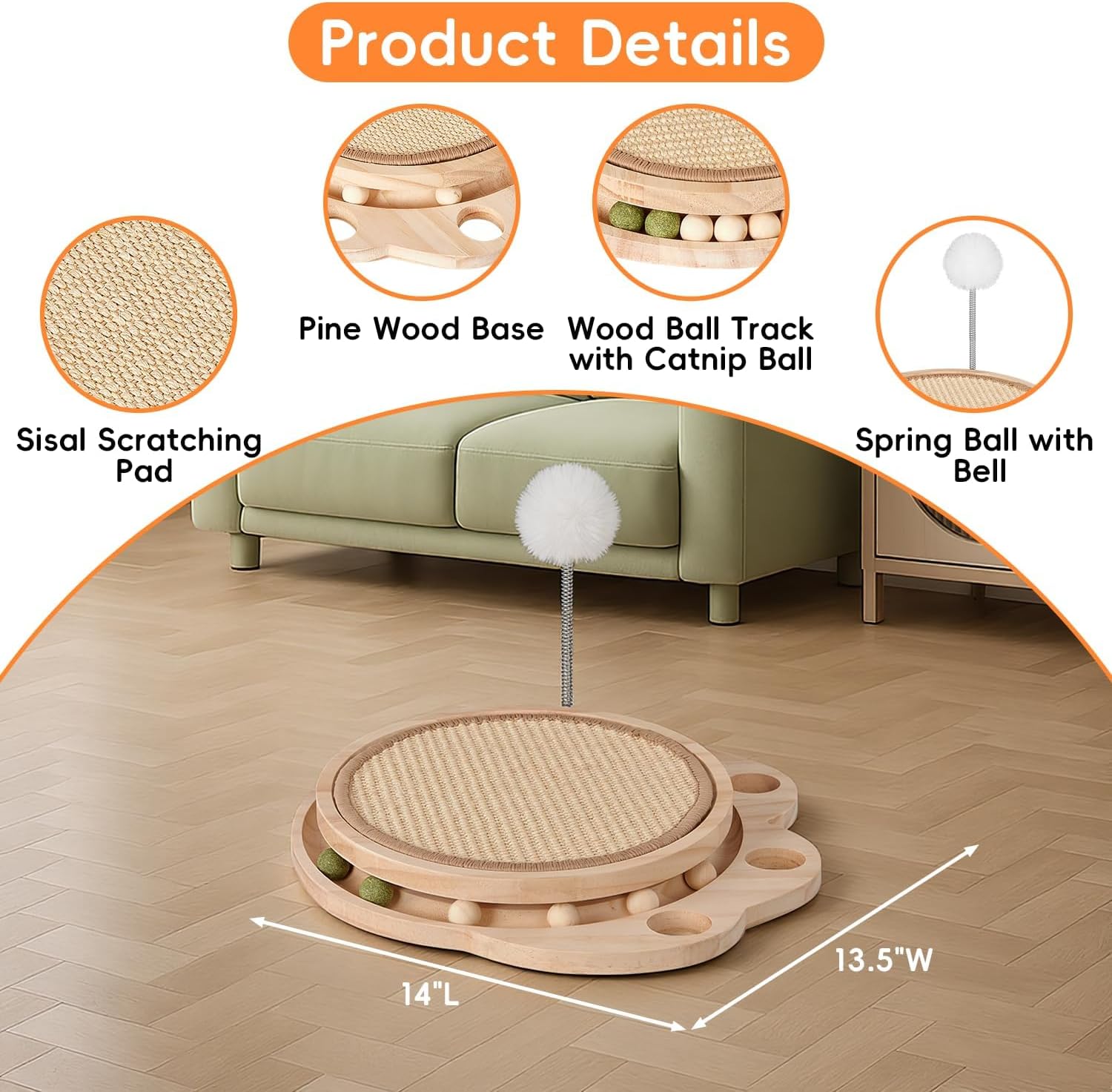 3-in-1 Cat Scratcher Board & Activity Center with Sisal Scratching Pad, Ball Track & Spring Toy, Interactive Cat Furniture for Indoor Cats