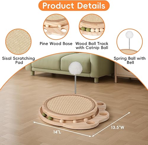 Miniatura 5 de Tabla rascador para gatos, rascador 3 en 1 para gatos y centro de actividades con almohadilla rascador de sisal, pista de bolas y juguete de