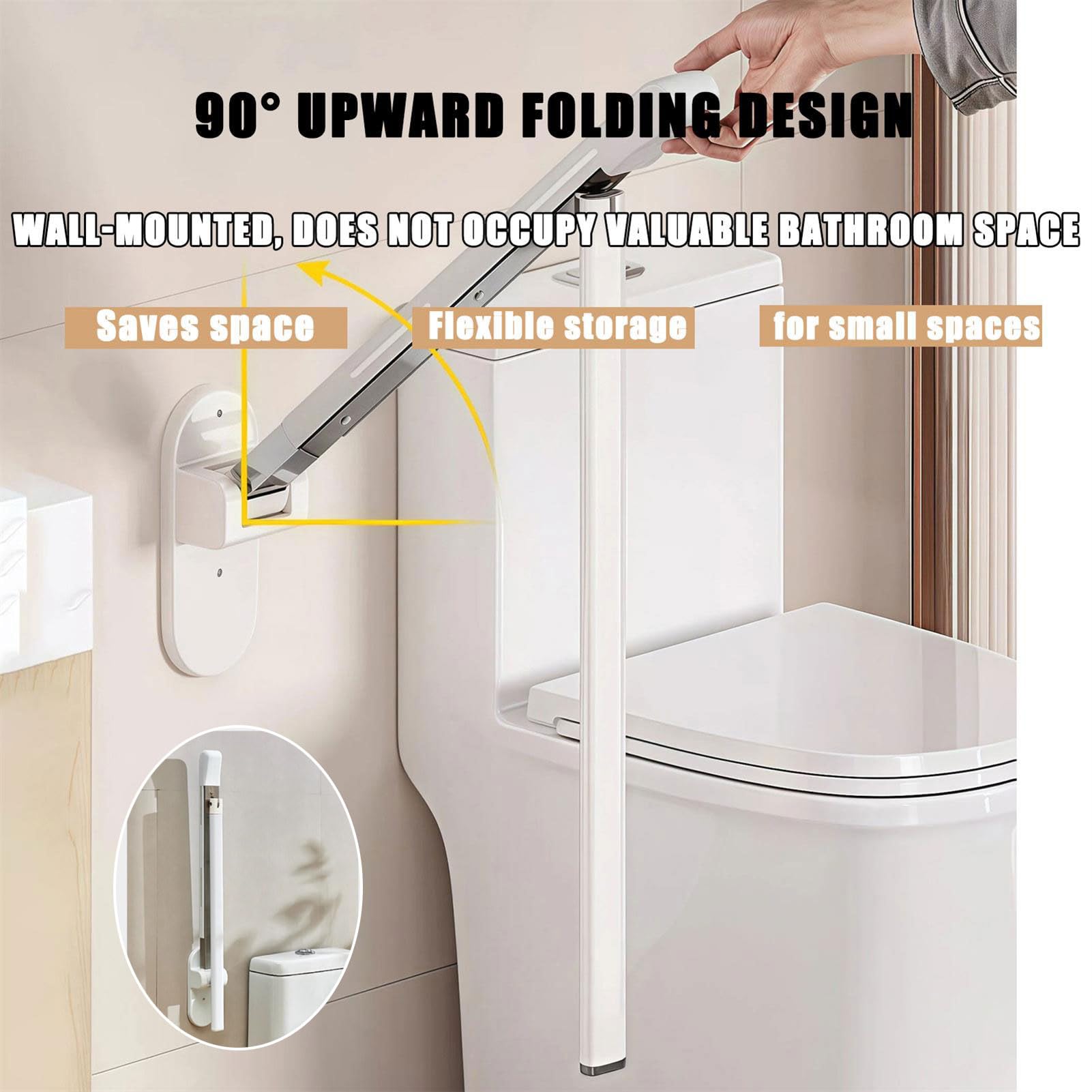 Barra Apoyo Abatible para BañO Adaptado, Barandilla Seguridad, Barra Apoyo Abatible para BañO, Inodoro, WC, 150 Kg Carga, para Personas Mayores, Mujeres Embarazadas