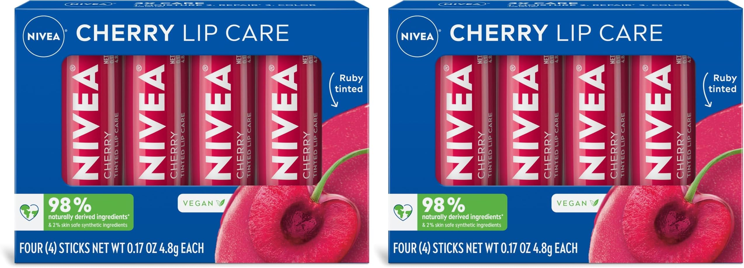 NIVEA Cherry Lip Care,Ruby Tinted Lip Balm Pack with Shea Butter,Nourishing Oils and Vitamin C & E,3-in-1 Moisture,Repair and Color,0.17 Oz Stick,(Pack of 8)