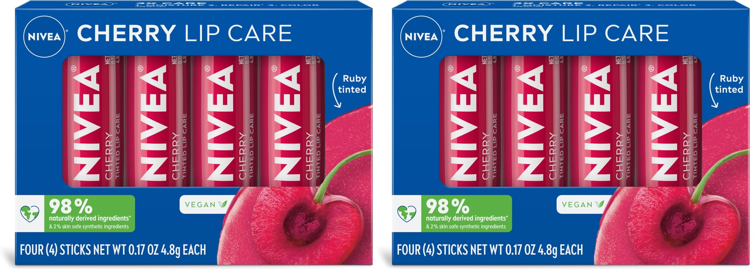 NIVEA Cherry Lip Care, Ruby Tinted Lip Balm Pack with Shea Butter, Nourishing Oils and Vitamin C & E, 3-in-1 Moisture, Repair and Color, 0.17 Oz Stick, Pack of 8 Cherry 0.17 Ounce (Pack of 8)
