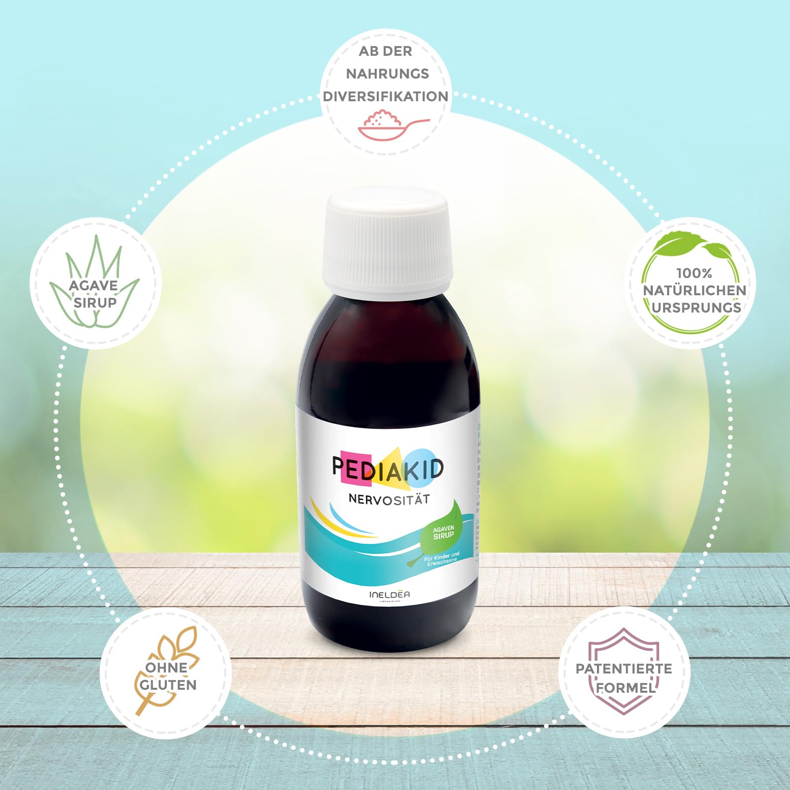 PEDIAKID - Nervosität Sirup - Natürliche Nahrungsergänzung - Exklusive Formel mit Agavensirup - Fördert die Beruhigung - Reduziert die Unruhe - Aroma Schwarze Johannisbeere - 3 Flaschen à 125 ml