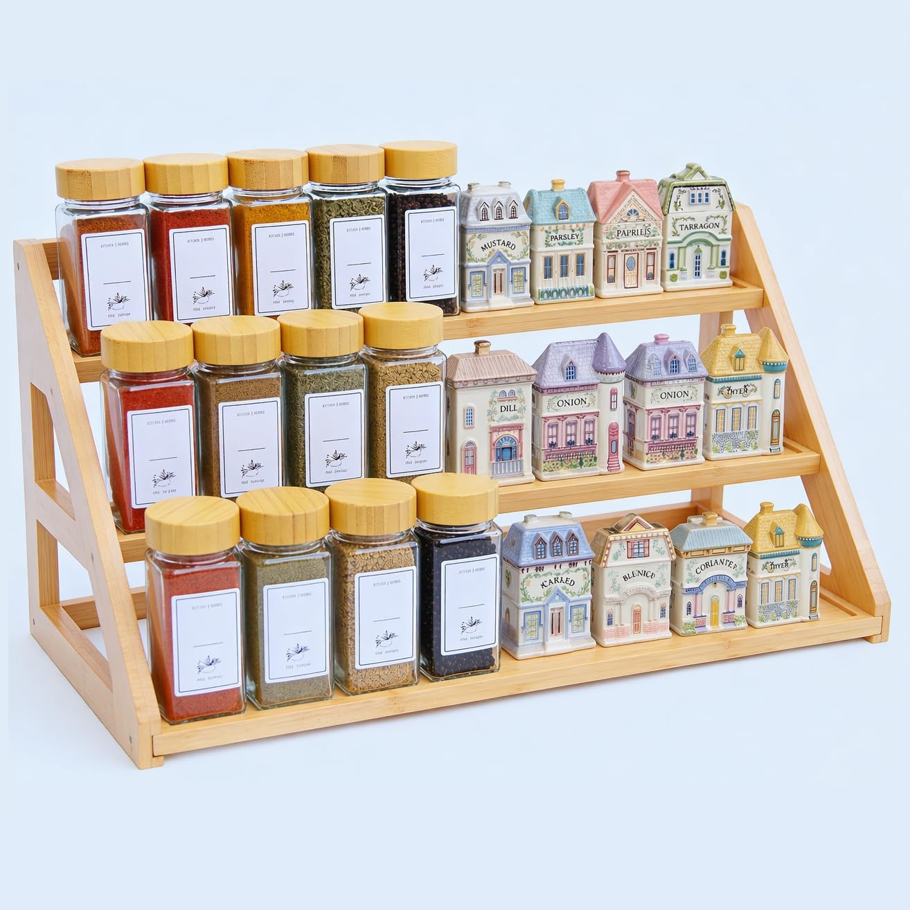 3 Tier Bamboo Spice Rack Organizer for Cabinet - Seasoning Rack Fits 24 Spice Jars, 17.5” Wide Countertop & Cabinet Organizer for Kitchen Organization