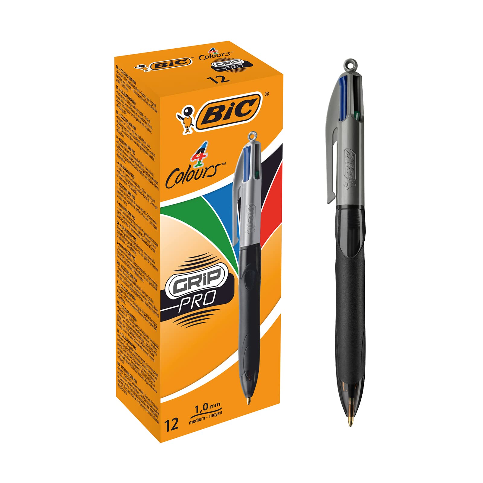 BIC 4Colori Grip Pro, Penna A Sfera A Scatto, Punta Media & 4 Colori Multifunzione Penna A Sfera A Scatto, Ottimi Per La Scuola,3 Colori + 1 Matita Meccanica