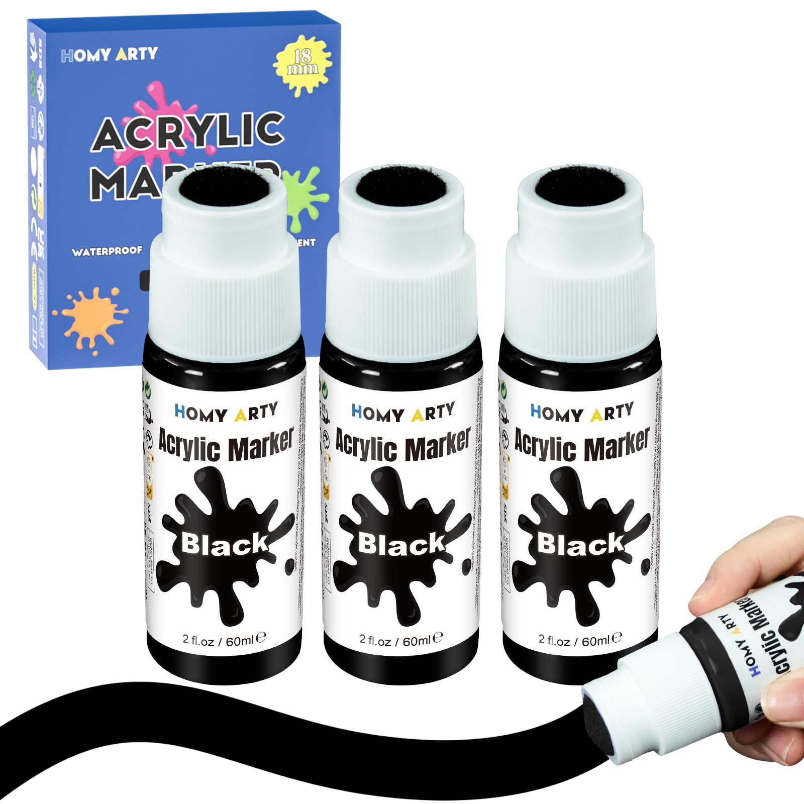 HOMY ARTY Acrylic Paint Markers - Durable and Waterproof Paint Pens for Stones, Signs, Calligraphy, Tagging, Outdoor Paintings, 3 Black Colors 18mm
