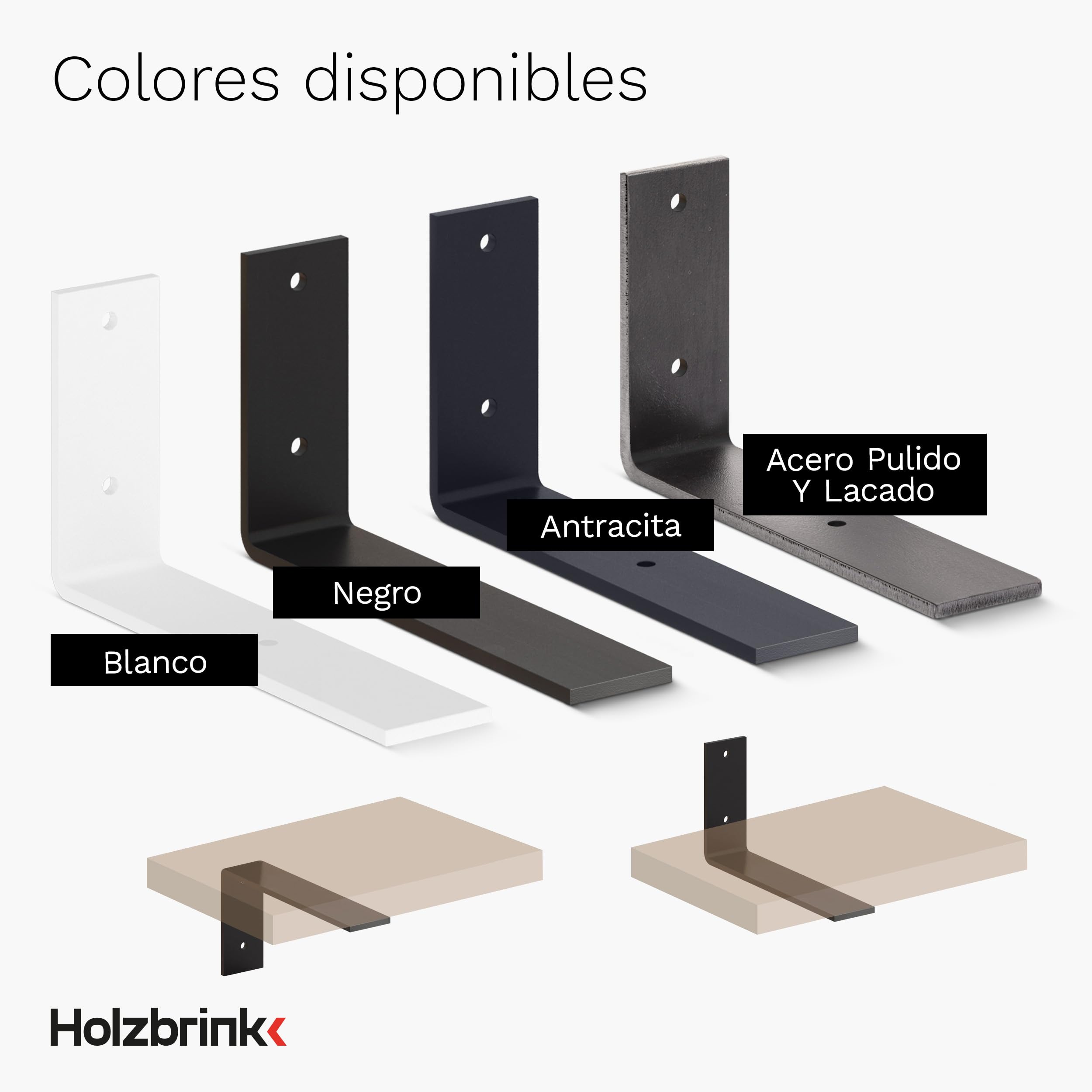 HOLZBRINK Escuadra de metal para baldas, soporte para estantes de pared, estante de pared DIY, Blanco 300x100x40 mm, 6 piezas, HLR-L-300-9016