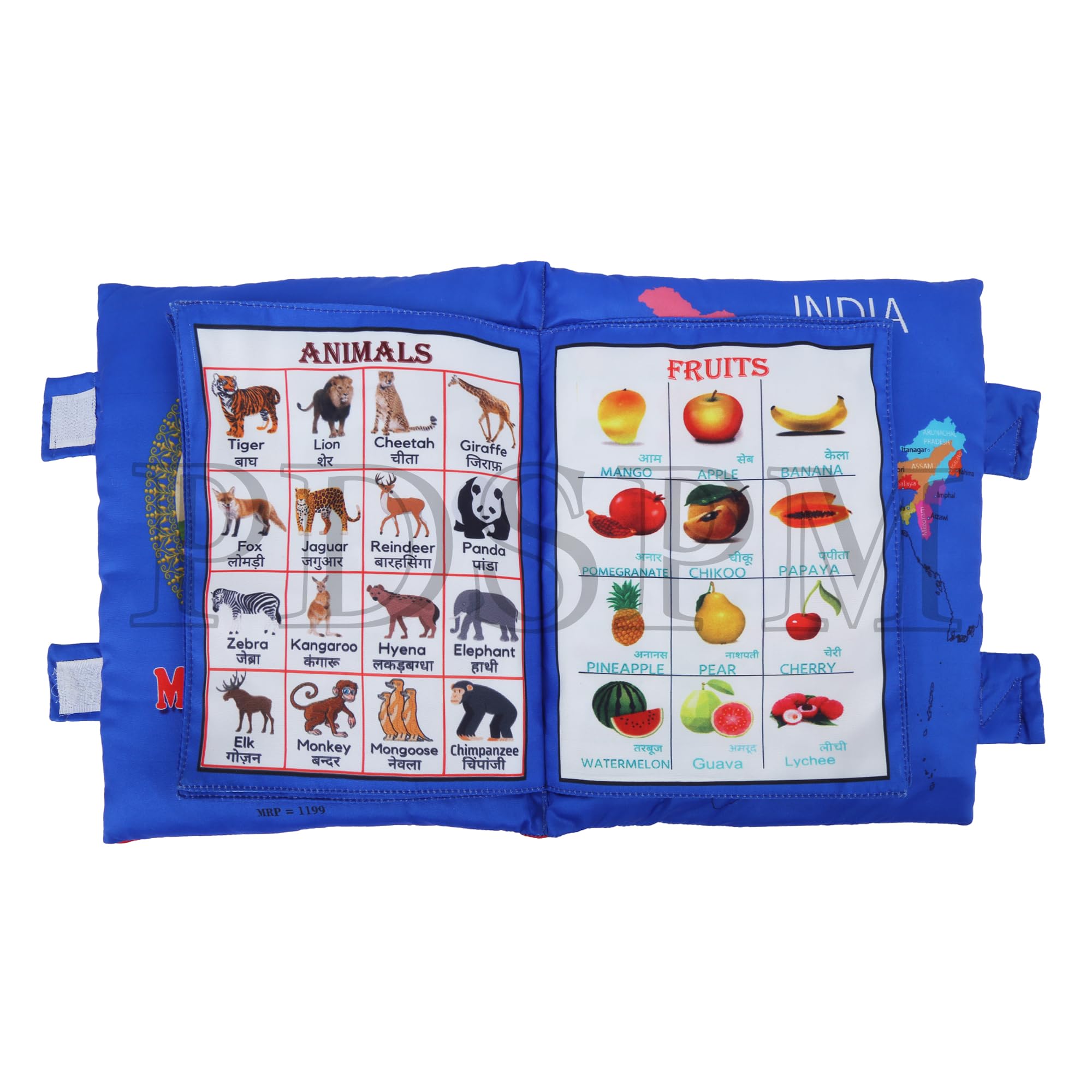 PDSPM Learning Cushion Pillow Book for Kids with 2 Languages Learn - English and Hindi, Activity Play, Soft Cloth Book Baby Pillow Toy,(Cushion Blue) - Image 3 thumbnail