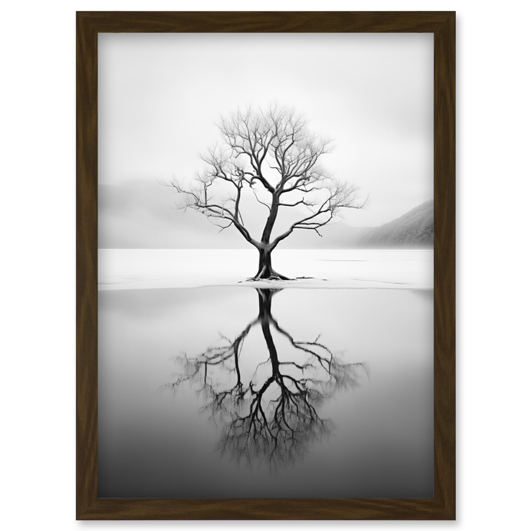 Artery8 Lone Tree by Frozen Lake Winter Landscape Black and White Photograph Artwork Framed Wall Art Print A4