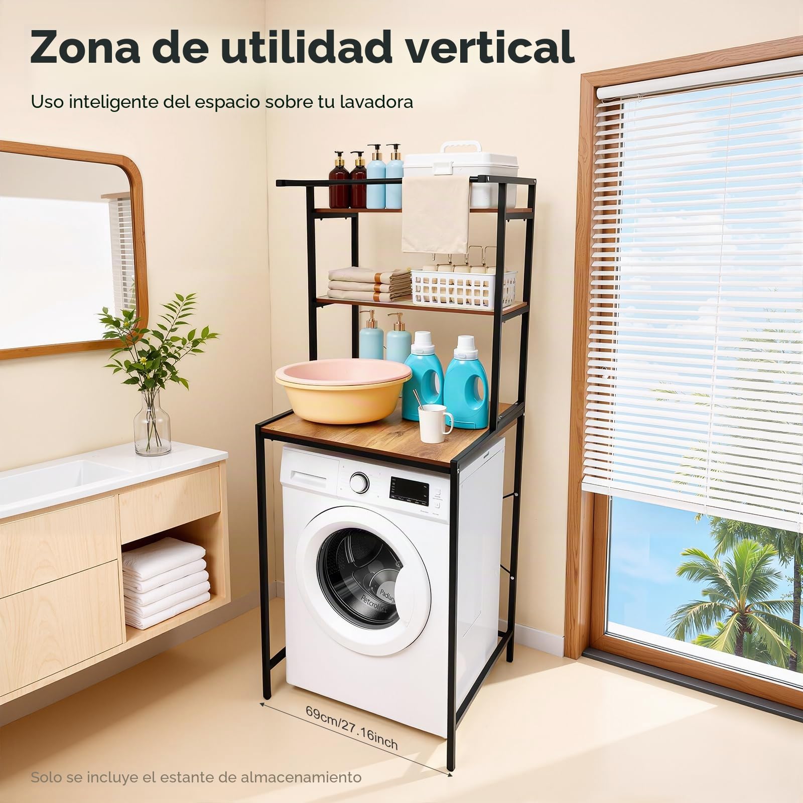 Estante para lavadora y secadora con 3 niveles, estante para lavadora, estantes para lavadoras, cubiertas protectoras, amplio espacio de almacenamiento, para baño, lavandería, balcones