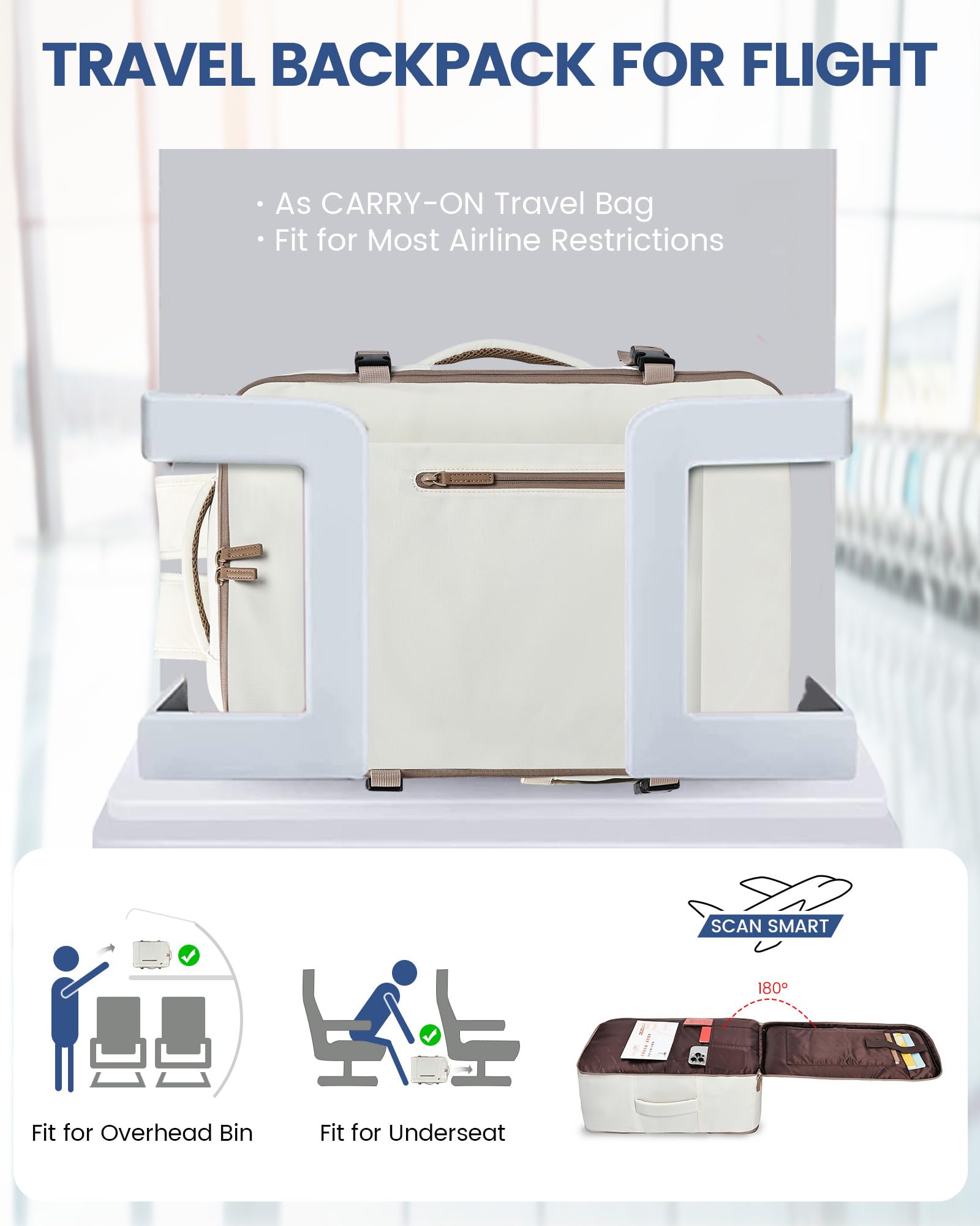 LOVEVOOK Zaino da Viaggio Aereo Bagaglio a Mano 40L Grande Borsa da Cabina per Voli Impermeabile Antifurto Zaino Viaggio Uomo Donna 17,3 Pollici Zaino Porta PC per Scuola Lavoro Trekking, Beige kaki