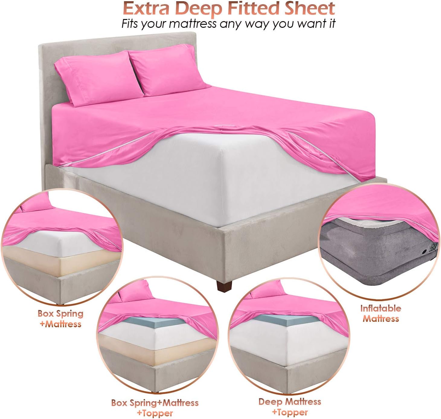 Hearth & Harbor Extra Deep Pocket Sheets - 4 Piece Hotel Luxury Sheet Set Fits Up to 24" Mattress - Ultra Soft Luxury Bed Sheet Set - Soft & Breathable - Queen, Light Pink