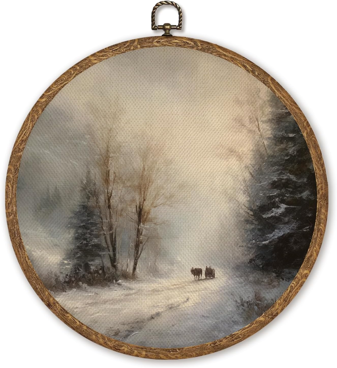 Vintage Winter Landscape Wall Art, Rustic Snowy Forest Round Hanging Decor, Peaceful Nature Artwork for Living Room Bedroom Entryway Cabin, Circular Wall Decor Gift for Christmas 10''x10'' (White-Road)
