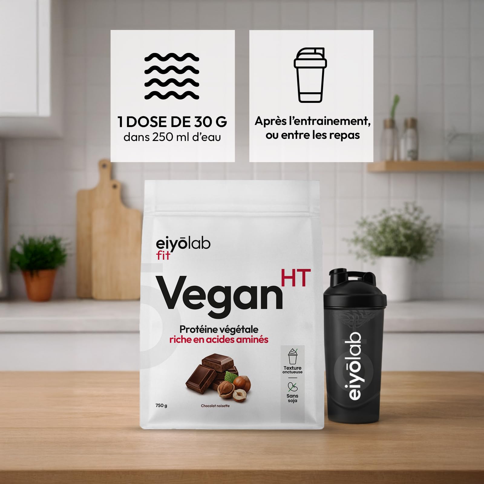 Vegan HT | 78% de protéines | 6 sources : Pois, Riz, Chanvre, Courge, Tournesol, Isolat Féverole | Sport & Musculation | BCAA | Sans soja | Texture Onctueuse Saveur Chocolat Noisette | 750g | Eiyolab