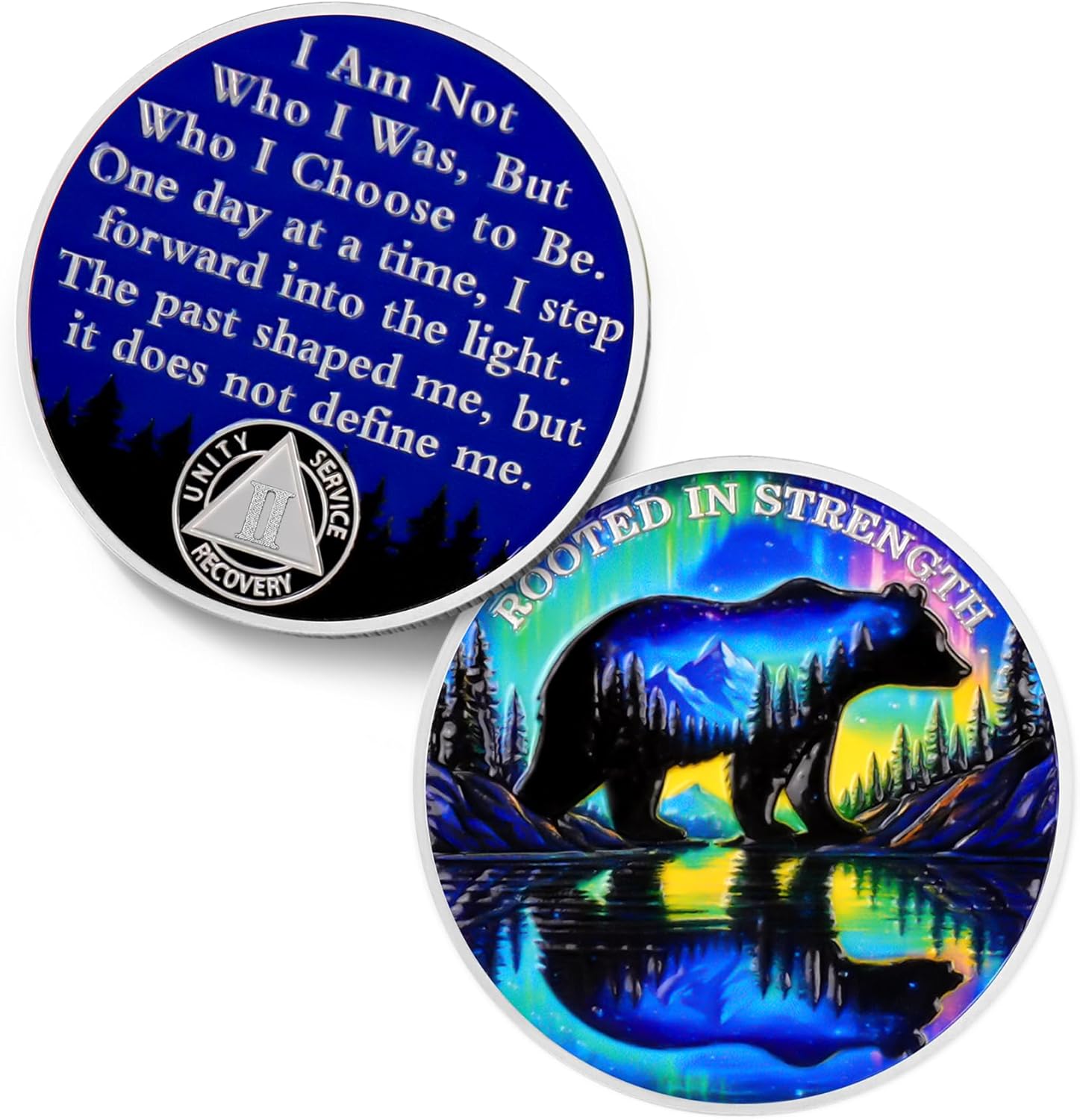 Aurora Polar Bear Sobriety Coin - Rooted in Strength Mountain AA Coins - Addiction Recovery NA AA Chips and Medallions - 1-10 Prime Living Clean Narcotics Alcoholics Anonymous Gifts for Men Women