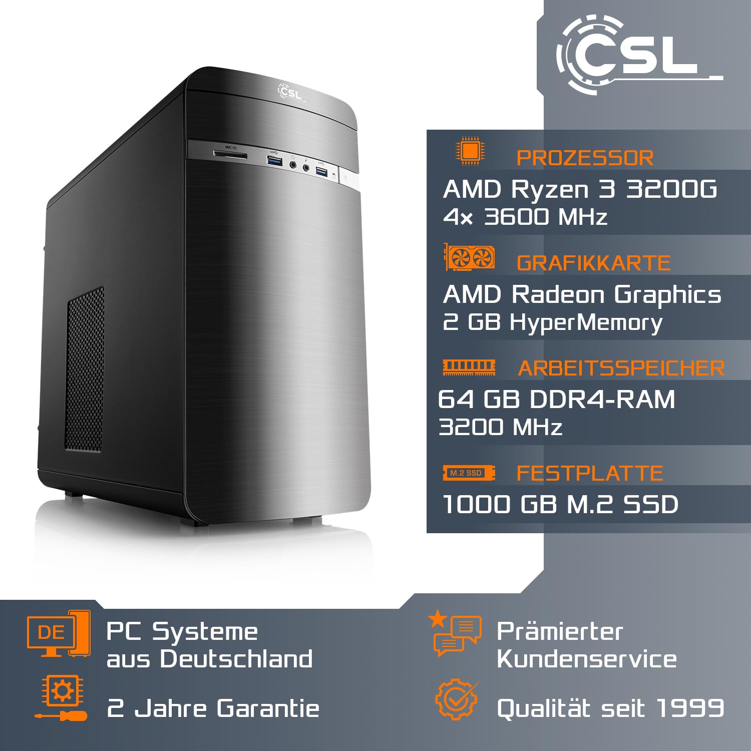 Gaming PC mit Windows 11 Pro | AMD Ryzen 3 3200G 4x3.6GHz | AMD Radeon | 2000GB M.2 NVMe | 32GB DDR4 RAM | WLAN | Entry Level Computer für Zocker, Gamer Desktop Rechner zum Spielen | A11361